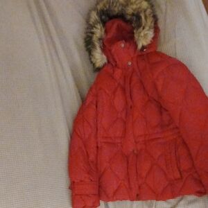 Lands' End Woman Red Puffer Jacket with Faux Fur Hood